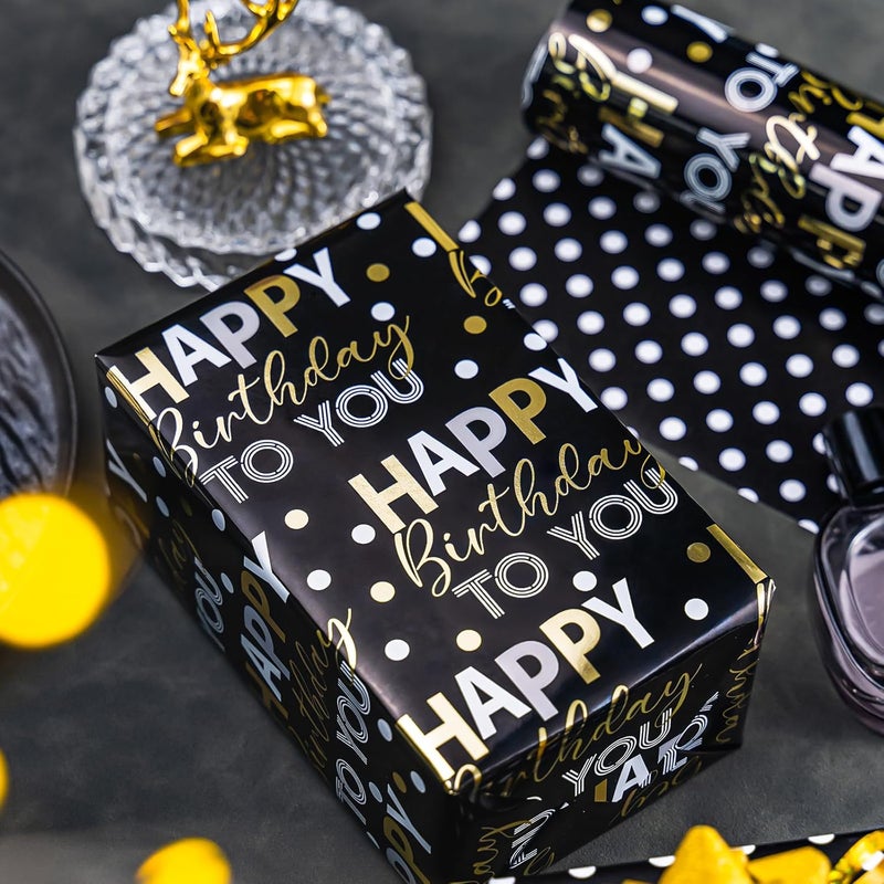 MAYPLUSS Reversible Black Birthday Wrapping Paper Roll - 17 Inch X 33 Feet - Glitter Happy Birthday Lettering Metallic Foil Paper Boy Gift Wrap w/Polka Dot for Party Father's Day Halloween's Day - Image 2